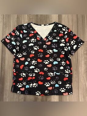 Black Paw & Heart Print Scrub Top